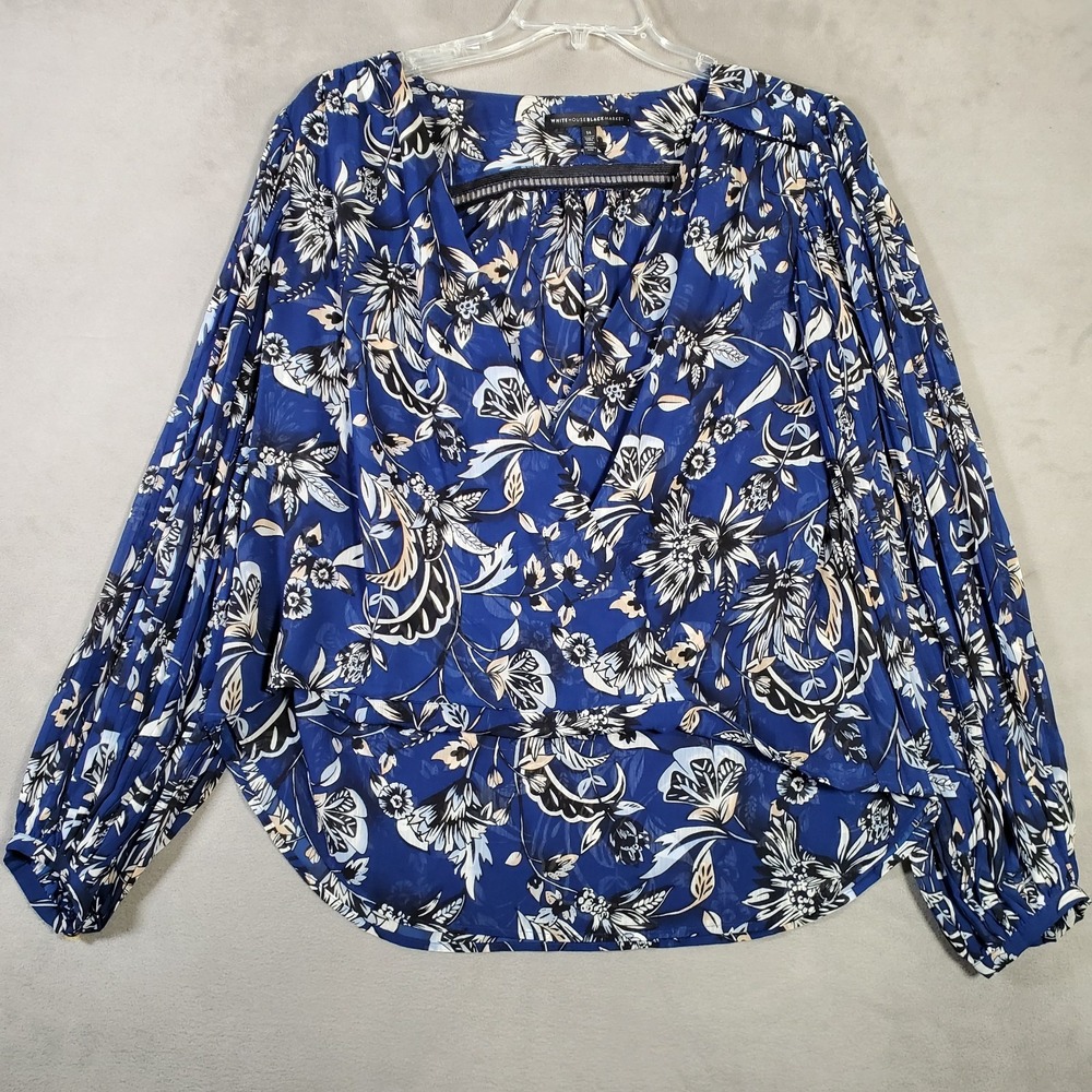 White‎ House Black Market Top Womens 14 Blue Floral Faux Wrap Long Puff Sleeve